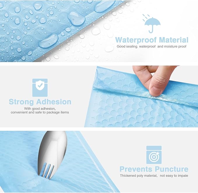 Metronic Bubble Mailers 6x10 Inch 50 Pack, Self-Seal Waterproof Padded Envelopes, Bubble Packaging Envelopes for Shipping, Mailing, Small Business, Light Blue Bulk #0, Bubble Mailers Usable Size 6x9