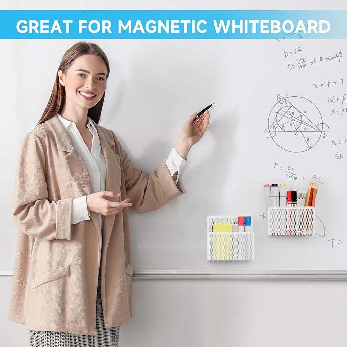 Marbrasse Magnetic Dry Erase Marker Holder, Mesh Pen Holder for Whiteboard，Magnet Pencil Organizer Storage for Refrigerator Locker Accessories Organizer for Home, School and Office(White)