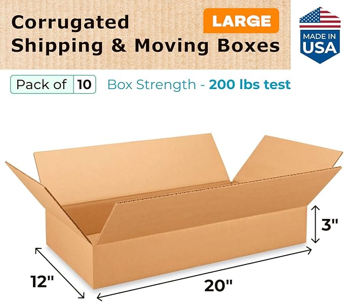 Large Shipping & Moving Boxes 20x12x3 inches (10-Pack) - Extra Strength 200 lb vs Regular - USA-Made Corrugated Packing Boxes for Moving - Cardboard Box for Delivering - Packing Box by IDL Packaging