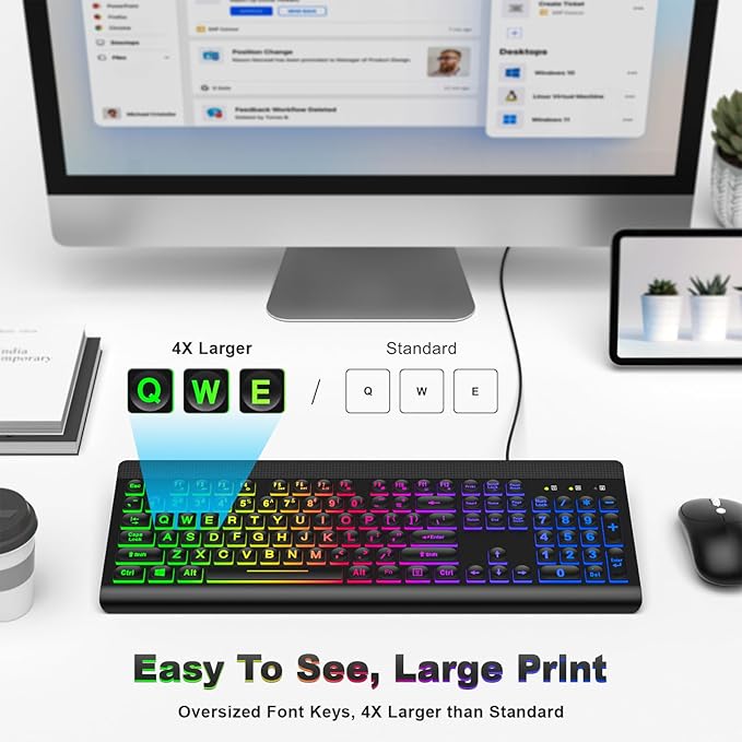 Computer Keyboard Wired, Plug and Play USB Retro Round Typewriter Keyboard, Full Size Wired Keyboard with Foldable Stands for Laptop and Office PC