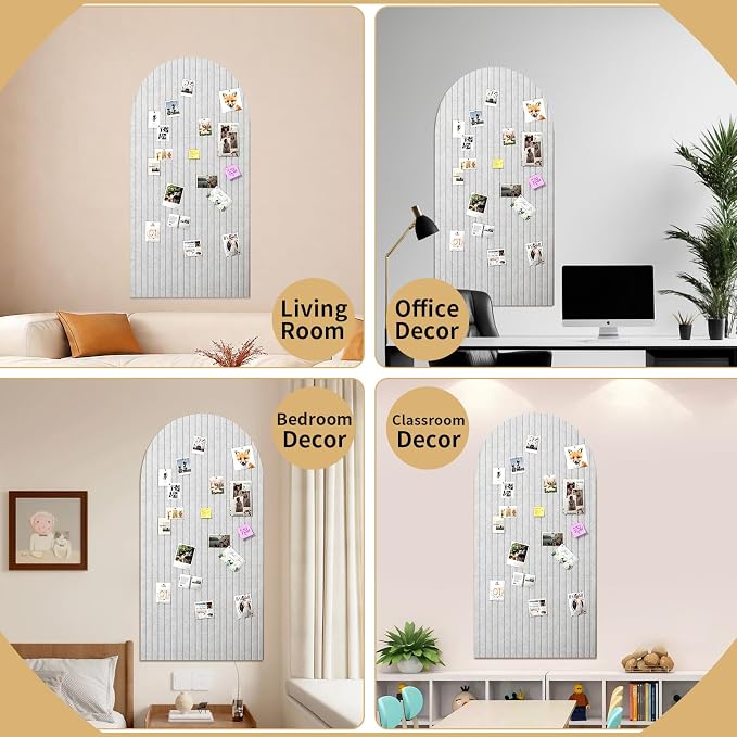 Large Arched Felt Bulletin Board, 48"x24", Gray | Cork Board Alternative, 3 Foldable Adhesive Tiles, 50 Push Pins, Office Wall Decor, Pin Boards for Pictures & Photos Display