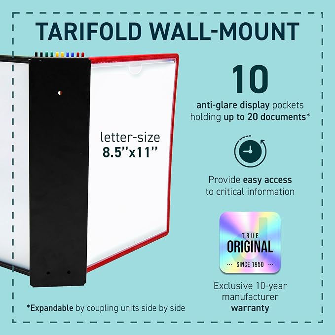 Tarifold Wall Mount Reference System, 10 Easy-Load Pockets, Assorted Colors | 10 Double-Sided Polypropylene Pockets, Holds 20 Letter-Size Sheets, Sturdy Wall-Mount Bracket, Quick and Easy to Install