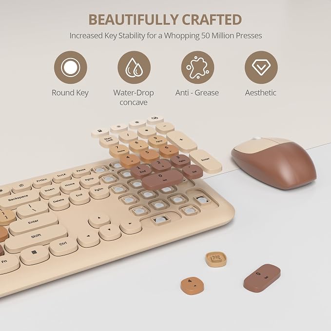 surmen Brown Quiet Keyboard and Mouse Wireless, Full-Size Retro Typewriter Wireless Cute Colorful Keyboard with Low-Noise 2.4GHz for Home and Office（Coffee