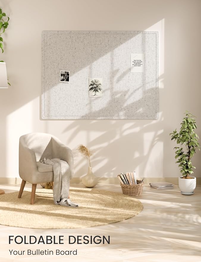 Fluxynara 47.2" x 35.4" Large Bulletin Board, Light Gray | Cork Board Alternative with 24 Removable Adhesive Tabs, Foldable Felt Pin Board for Home, Office, Classroom & Dorm
