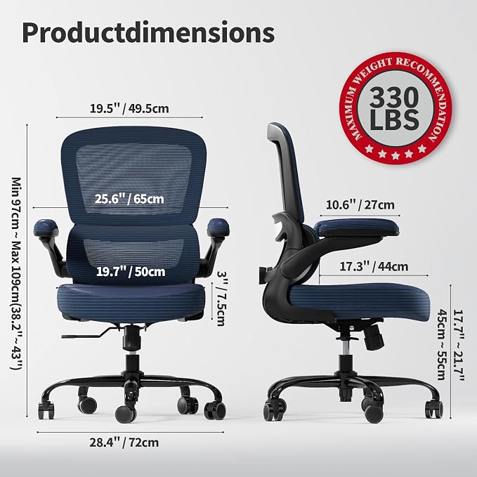 TRALT Ergonomic Office Chair Desk Chair with Adjustable Lumbar Support | Desk Chair Comfy with Flip-up Armrests Ergonomic Chair - Mesh Computer Chairs for Adults, 330lbs, PU Leather (Navy Blue, 1)