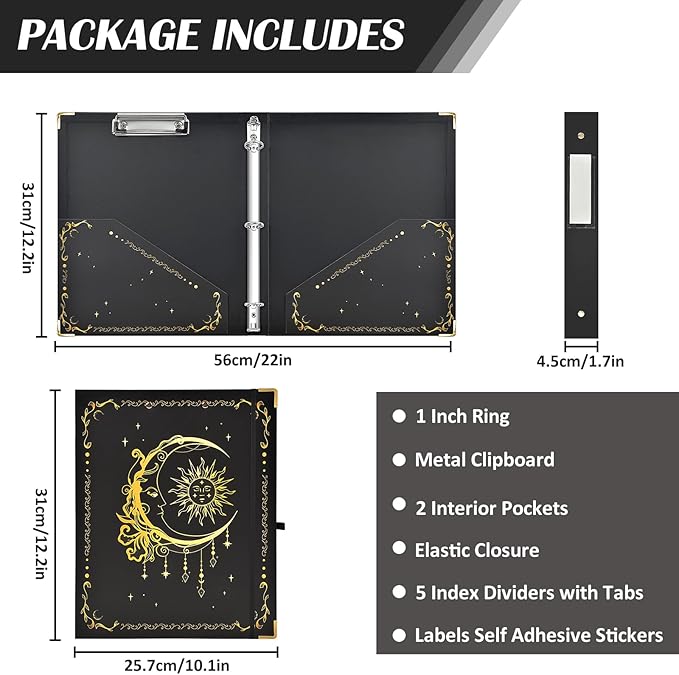 3 Ring Binder 1 Inch Three Ring Binder Cute Binder Fits A4 Paper Decorative Clipboard Binder with 5 Tab Dividers for School Office Supplies(Black Gold Sun Moon)