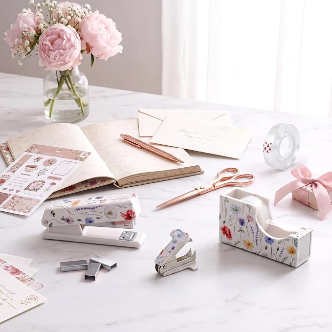 Eaasty Floral Stapler and Tape Dispenser Set for Women, Wildflower | Cute Office Supplies Set with 2 Tape Rolls, Staple Remover and 1000pcs 24/6 Staples, Teacher Desk Accessories for Women