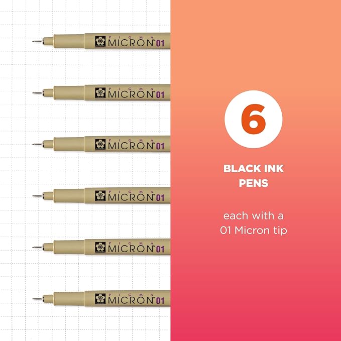 SAKURA Pigma Micron Fineliner Pens, 01 Tip Size, Archival Black Ink, 6 PK 50035 | Archival Black Ink Pens for Writing, Illustration, and Journaling, Precise Fine Points and Lines, Smooth Writing