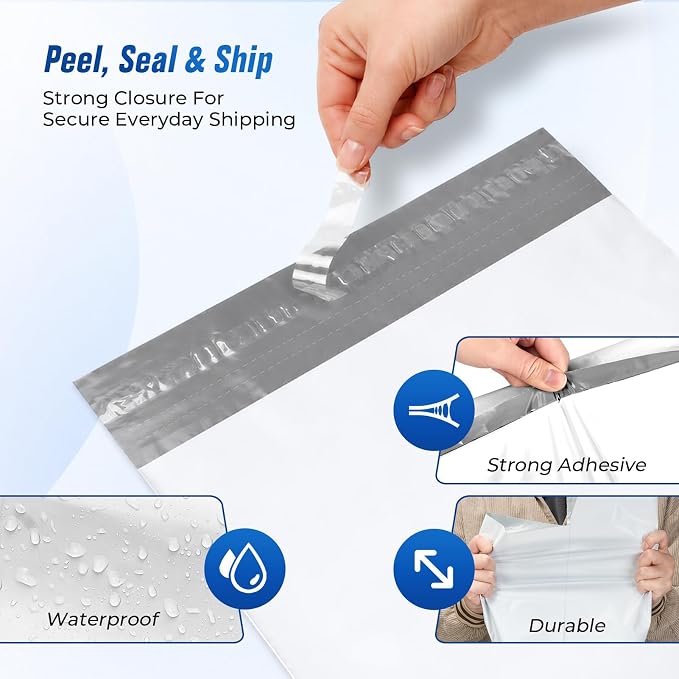 Fuxury Poly Mailers 12x15.5 50PC (Upgraded Version) Shipping Bags for Clothing with Easy-Open Tear Strip & Hangable for Easy Use, Self-Seal Shipping Envelopes Mailing Bags for Small Business in White