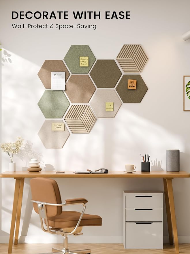 Fluxynara 10-Pack Hexagon Cork Board Alternative, Linen Dusk | Felt Bulletin Board with 50 Adhesive Tabs, Ideal for Vision Boards and Wall Decor in Homes, Offices, Classrooms, and Dorms