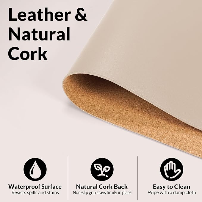 AFIING Desk Mat, Beige, 23.6" x 13.8", Desk Pad Protector | Dual-Sided Cork & PU Leather, Waterproof, Non-Slip for Mouse, Writing, Home Office, Study & Laptop