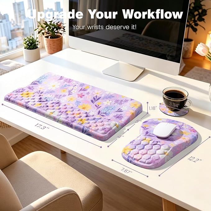Ospelelf Keyboard Wrist Rest and Mouse Pad Set, Ergonomic Memory Foam Wrist Support, Aesthetic Desk Accessories for Office, Home & Gaming, Relief for Carpal Tunnel & Wrist Pain, Purple Floral
