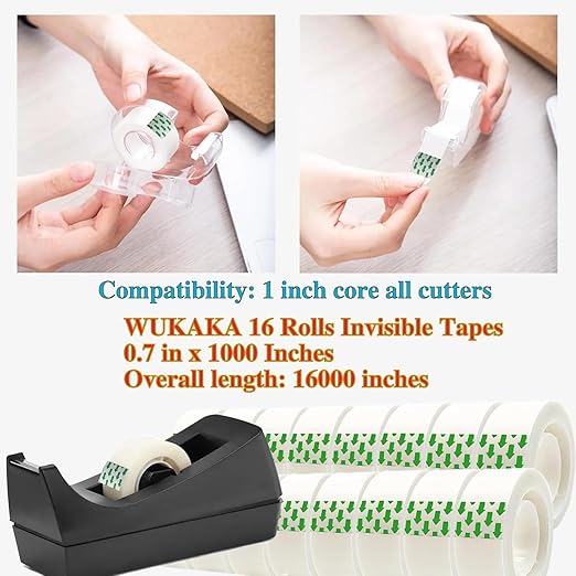 16 Rolls Invisible Tape 0.7 in x 1000 Inches 1 inch Core, for Office, Home, School
