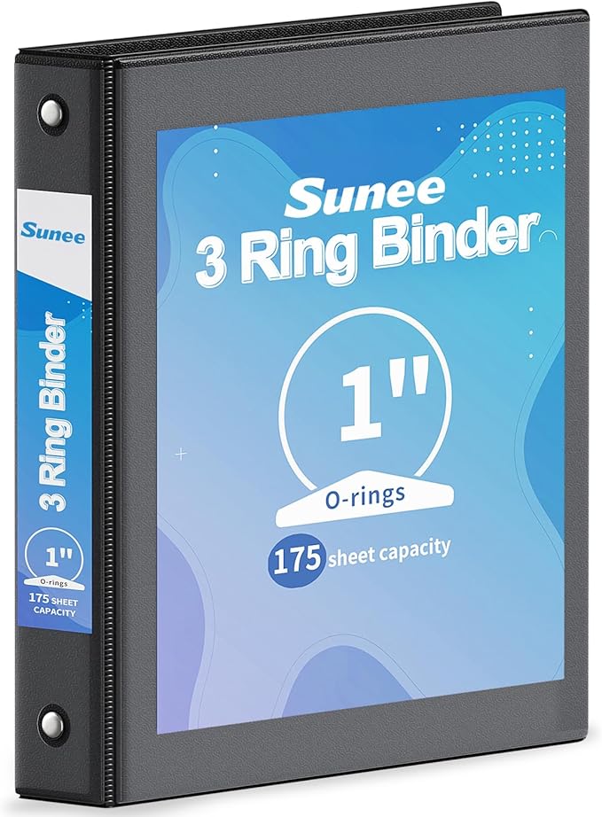 SUNEE 3 Ring Binder 1 Inch 1 Pack, Clear View Binder Three Ring PVC-Free (Fit 8.5x11 Inches) for School or Office Supplies, Black