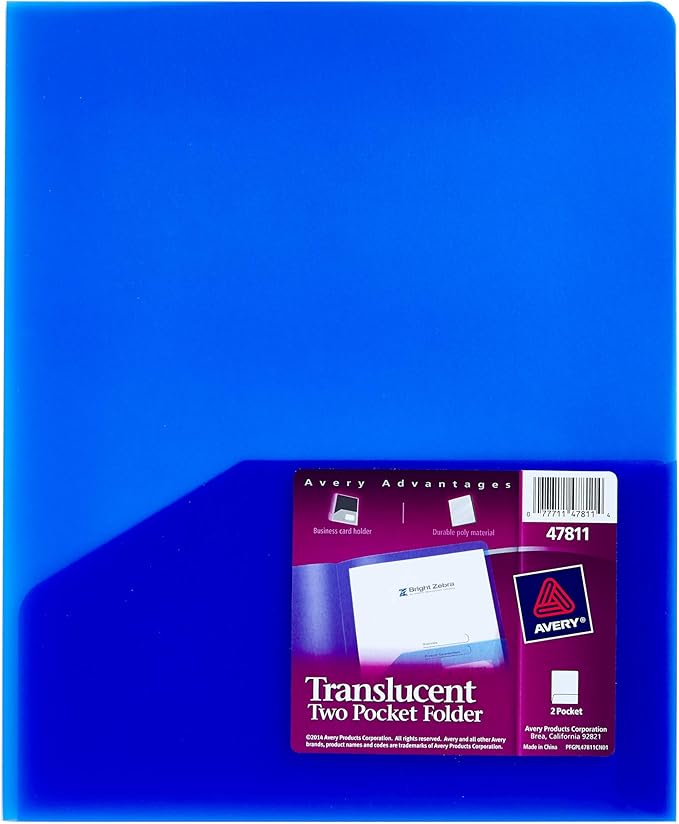 Avery Translucent Two Pocket Folder, Water Resistant, Holds up to 20 Sheets, 1 Blue Folder (47811)