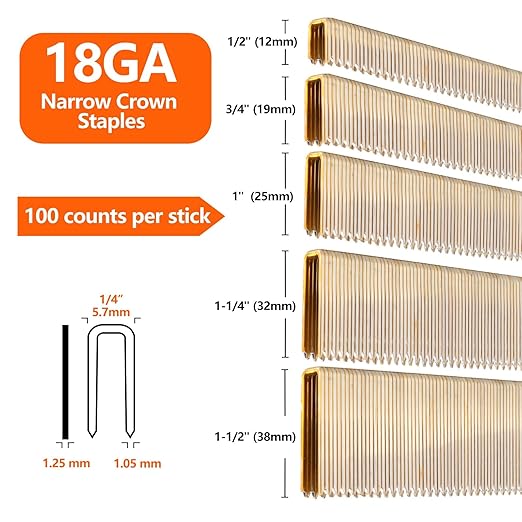 1000-Count 1 Inch Length, 18 Gauge 1/4 Inch Narrow Crown Staples, Heavy Duty Beveled Chiseled Pointed Galvanized Staples, for Pneumatic, Electric 18GA Stapler Gun
