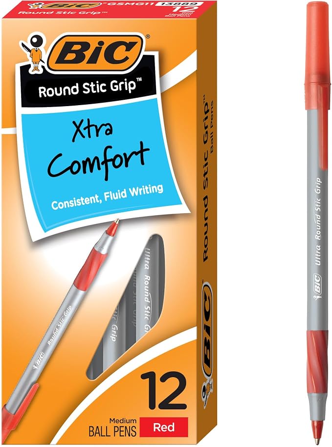 BIC Round Stic Grip Xtra Comfort Red Ballpoint Pens, 12-Count, 1.2mm | Medium Point Pens for Smooth Writing | Soft Grip for Comfort | Ideal for School, Office, Or Home