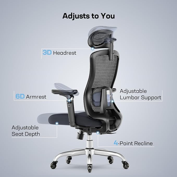 Marsail Big and Tall Ergonomic Office Chair with 6D Armrests | Ergonomic chair with 3D Headrest, slide seat, lumbar support, 4-position recline, adjustable seat height and 330 lbs capacity