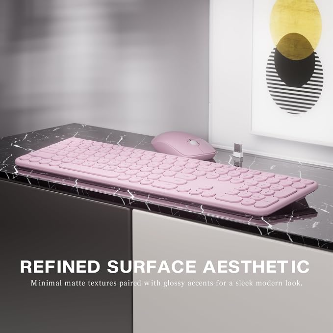 MPTOG Wireless Keyboard and Mouse Combo (Pink) | Retro Round Typewriter Keys, 2.4G Silent Connection, Ergonomic Aesthetic Desk Set for Home Office, Laptop, PC, Mac