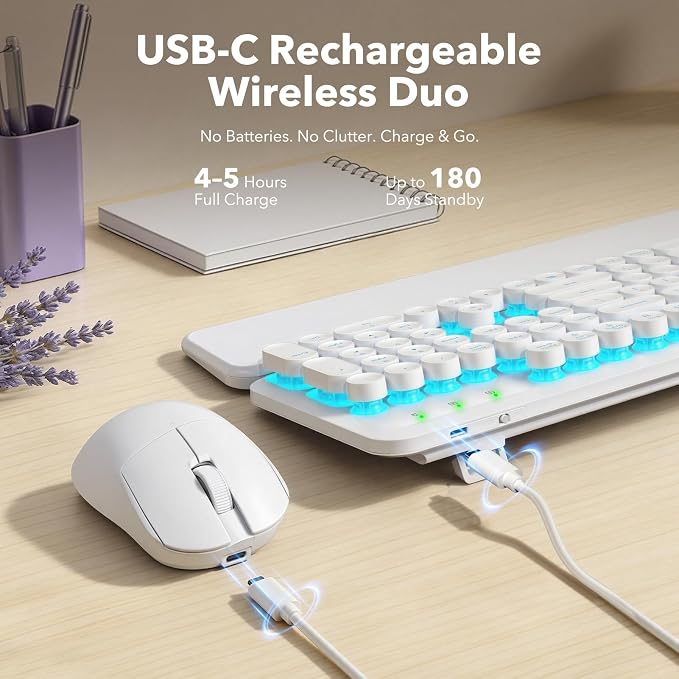 Wireless Keyboard and Mouse Combo, Backlit Round Keycaps, Retro Typewriter Keyboard with Detachable Wrist Rest, Rechargeable & Tilt Legs, 2.4GHz Cordless Connection for Windows/PC (Glowing White)