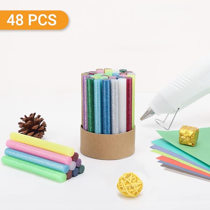 Manarty Glitter Color Hot Glue Sticks, 48 PCS Full Size Hot Melt Gluing Sticks Colored, Craft Adhesive Waxing Sticks Bulk for Cards, Sealing, Decoration, Art, DIY, Stamp, 0.43" Dia x 4" Long