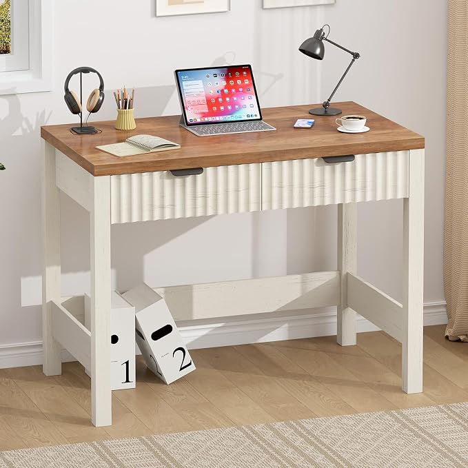 32 Inch Small Fluted Computer Desk with 2 Drawers for Bedroom, Home Office | Small Computer Desk with Storage, Compact Writing Study Desk for Small Spaces, Brown & White
