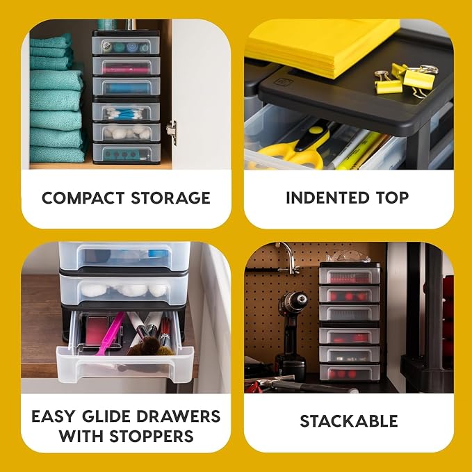 IRIS USA 2-Pack, 3-Drawer Small Plastic Stacking Desktop Organizer, Black | Keep dorm desks tidy with drawers for school supplies, makeup, chargers, snacks and everyday college essentials