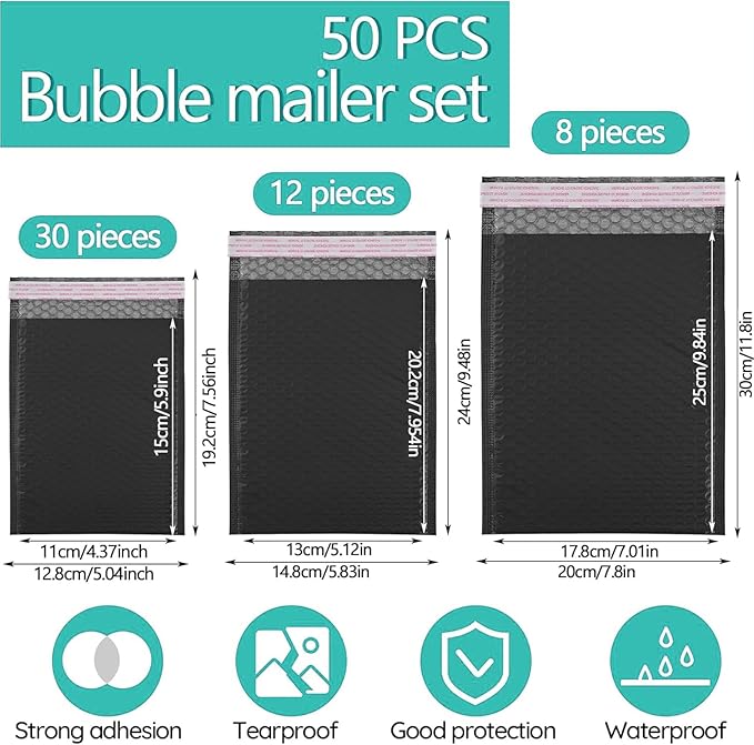 50 Pcs Bubble Mailers,Black Bubble Envelopes,Waterproof Self Seal Adhesive Shipping Bags,Poly Padded Envelopes,Bubble Padded Cushion Envelopes for Mailing Packing Small Business