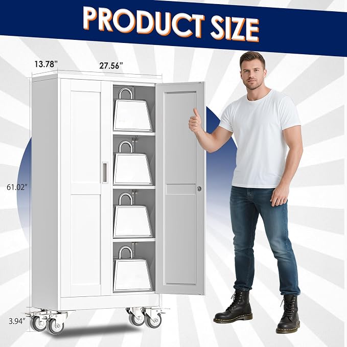 erosoei 61" H Metal Garage Storage Cabinet, Rolling Tool Cabinet with 2 Doors and Wheels, Locker Steel Cabinet with 3 Adjustable Shelves, Organization Cabinet for Garage,Office,Home,Gym,School（White）
