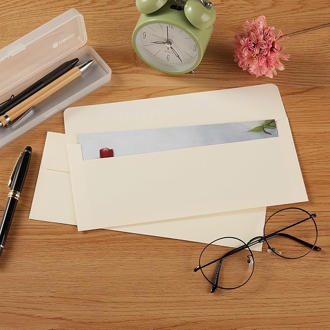 100 Pack Colored #10 Business Envelopes, 4.13 x 9.49 Inches, Cream Color | Self Seal, Standard Envelopes, For Office Checks, Business Letter Mailing, Greeting Card