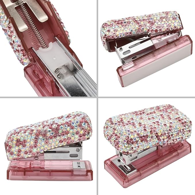 Bling Rhinestone Stapler, Sparkly Diamond Staplers, Cute Desk Stapler for Women & Girls, Bling Crystal Machine Pretty Office Stationery Kit (Pink with AB Color Plated, Small)