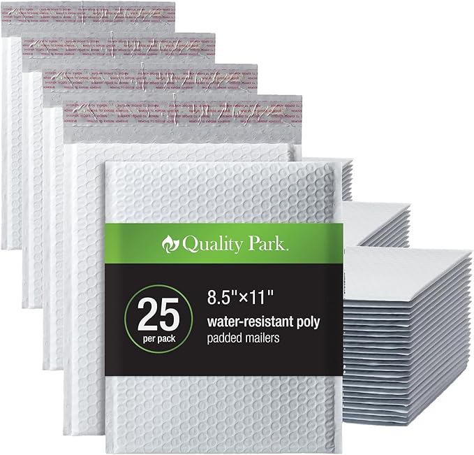 Quality Park Bubble Mailers,8.25 x 11 Shipping Envelopes,Water Resistant White Poly Padded Envelopes,Redi-Strip Peel Off Closure,25/Box (QUA85859),(Pack of 4)