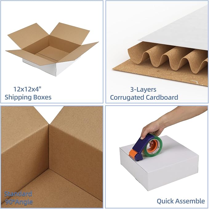 Hoikwo 12x12x4 Shipping Boxes Set of 25 | White Corrugated Cardboard Box for Small Business for Packaging Mailing