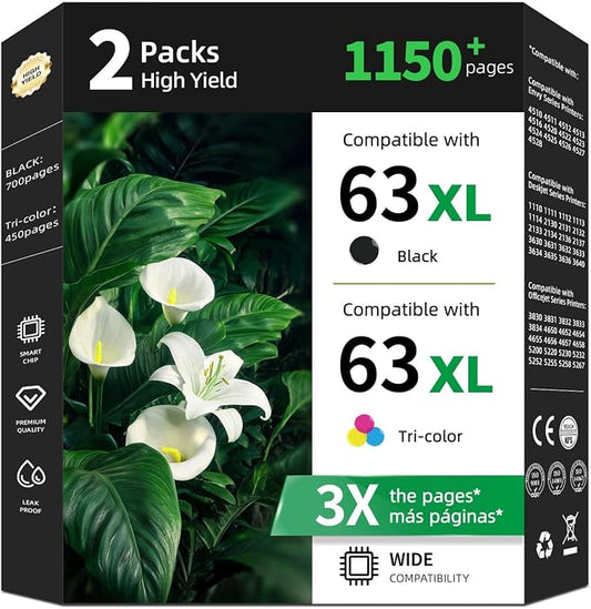 63XL Ink Cartridge for HP 63 XL Black Color Replacement for 3830 4520 5255 | Work for HP63 HP63XL for Printer Officejet 5258 4650 5200 5222 5121 4655 Deskjet 3632 3630 4652 5252 4510 3631 3634 2132 2130