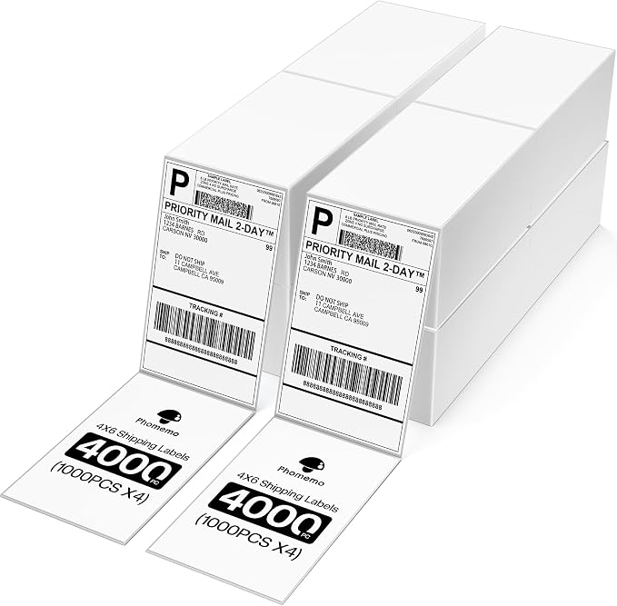 Phomemo 4x6 Thermal Shipping Labels 4000PCS Fanfold Labels for Address Mail | Compatible with JADENS/NULLTONEX/Nelko/KNAON/Phomemo/Rollo/MUNBYN/Omezizy/Rongta/Arkscan/ASprink/and other 4x6 label printers