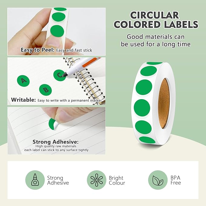 PARLAIM 10000pcs 1/2 Inch Round Color Code Dot Stickers, 10 Rolls Adhesive Green Circle Labels for Office Classroom