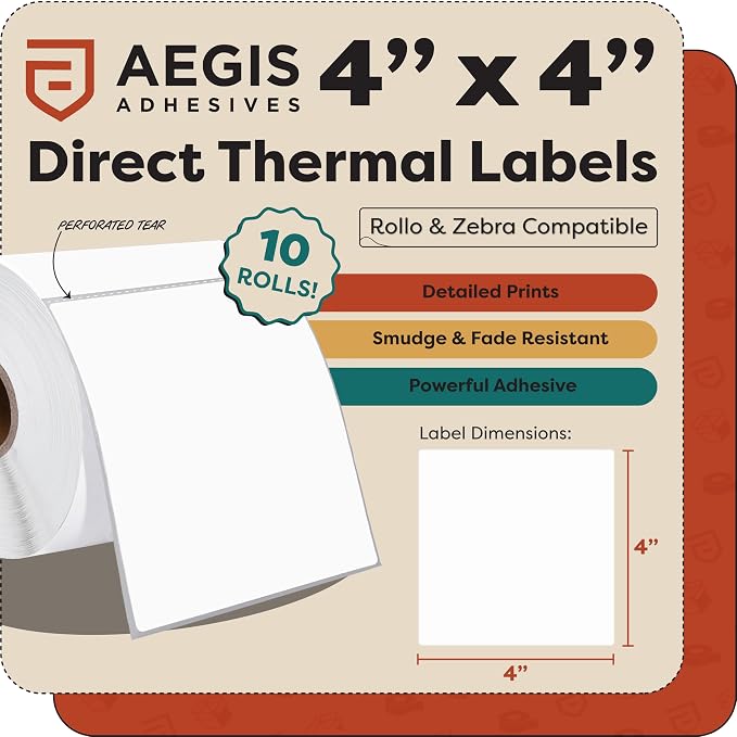 4" X 4” Direct Thermal Labels (3500 Count, 10 Rolls) Perforated | Postage Shipping Labels, UPC Barcode Stickers for Inventory - Compatible With Zebra and Rollo Printers - Aegis Adhesives