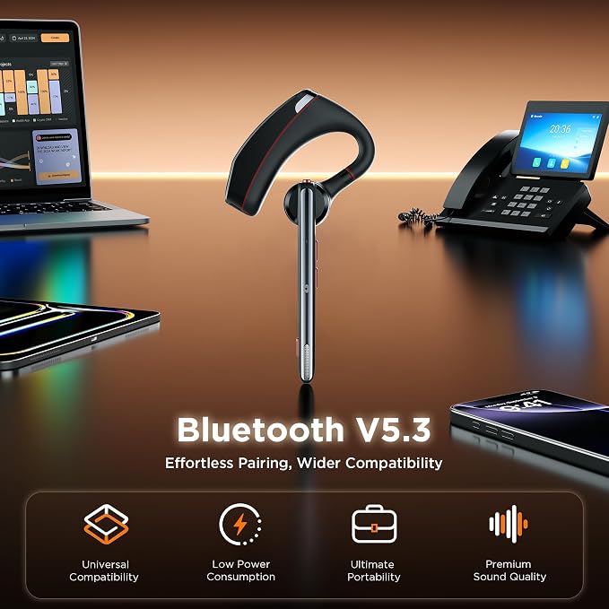 Bluetooth Headset V5.3, Wireless Headset with Dual Noise-Canceling Microphones, Portable Charging Case, 300H Standby Time, Hands Free Headphones for PC Cell Phones, Trucker Office Work (Red)