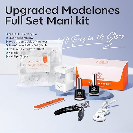 modelones X Nail Gel Kit Short Coffin,510Pcs Fake Nails 15Sizes, 9-in-One Glue Prep Dehydrator & Mini U V Light Clipper, Pre-shaped Half Matte Press on Short Coffin Tips for DIY Salon