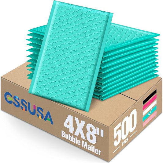 GSSUSA Teal Bubble Mailers, 4x8" Inches, 500 Pack, Usable Size 4x7" Bubble Mailers, Packaging for Small Business, Shipping Envelopes, Packaging Bags, Padded Envelopes, Shipping Supplies