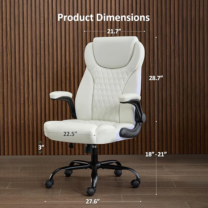 Office Chair, Executive PU Leather Chair Home Office Desk Chairs, Ergonomic Computer Desk Chair with Adjustable Flip-Up Arms, Lumbar Support Swivel Task Chair with Rocking Function (White)