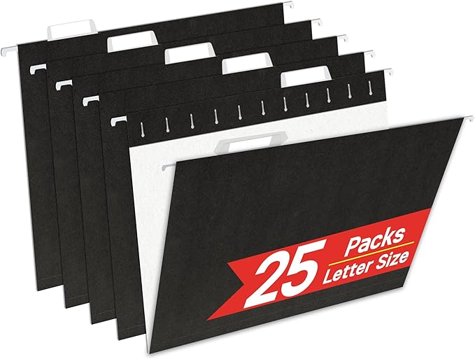 Black Hanging File Folders,Letter Size 8.5x11 Inch,25 Pack Hanging Folders for Filing Cabinet,Reinforced Rods for Smooth Gliding,1/5 Adjustable Tabs & Inserts,Ideal for Home,Office & School