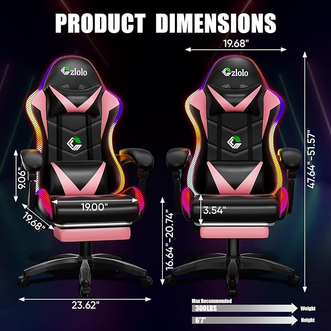 Gaming Chair, RGB LED Lights Computer Chair with Footrest, Lumbar Support Massager Gamer Chair, High Back, 90-135° Reclining, Linkage Armrests, Pink