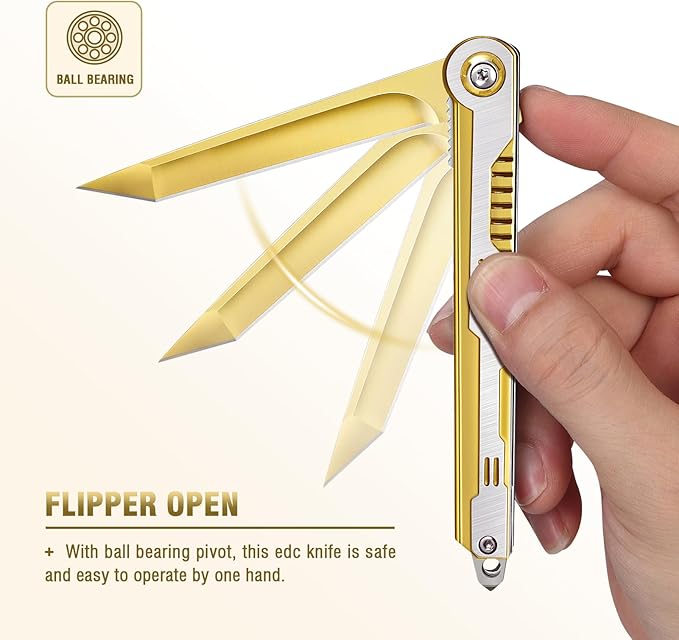 Cool Pocket Knife Gifts for Men, EDC Tanto Blade Folding Knives with Clip, Flipper Open Survival Knife with Window Breaker and Liner Lock for Outdoor Camping (Gold)