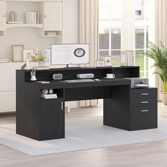 65" Black Computer Desk with 3 Drawers & Printer Shelf for Home Office | Computer Desk with Printer Shelf & File Drawer, Executive Desk Writing Study Table with Monitor Stand, Black