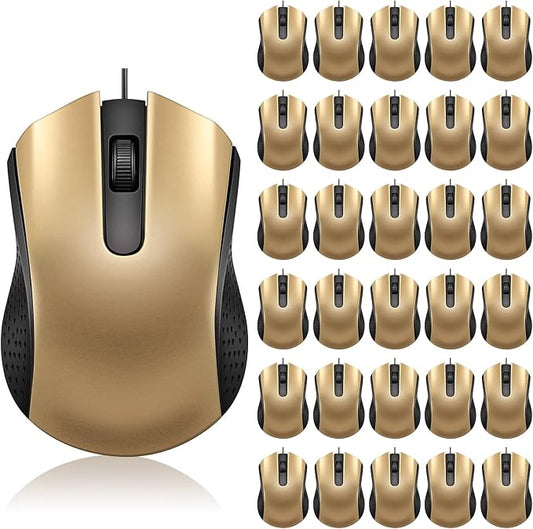 Bonuci 30 Pack Computer USB Wired Mouse Bulk 3 Button 800/1200 DPI Gold | Ergonomic Noiseless Corded Computer Mice for Laptop, PC Desktop, Computers, Office, School, Classroom Supplies