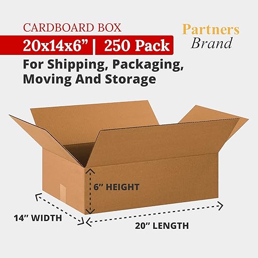 Partners Brand 20x14x6 Corrugated Cardboard Boxes, 20"L x 14"W x 6"H, Pack of 250 | Shipping, Packaging, Moving, Storage Box for Business, Strong Wholesale Bulk Boxes 20x14x6
