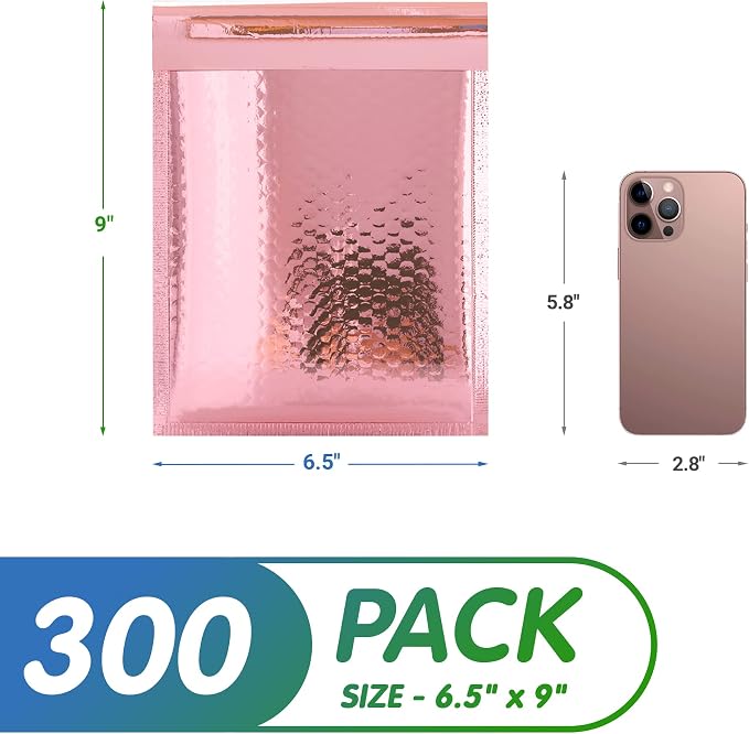 Glamour Metallic Bubble Mailers 6.5 x 9 Inches Rose Gold, 300 Pack Padded Envelopes for Shipping, Mailing, Packaging Protection