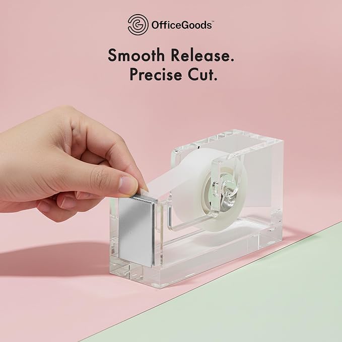 OfficeGoods Acrylic Tape Dispenser, Aesthetic and Compact Design, Silver | Modern desk accessory for office, Heavy duty refillable tape holder for crafting, Stylish desktop accessory for gift wrapping