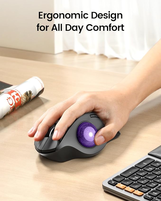 ProtoArc EM01 NL Wireless Trackball Mouse, Thumb Control, Purple | 0/20° Adjustable Angle to Reduce Fatigue, Triple-Device Bluetooth & 2.4G USB-A for Office Use, Silent Click, Easy to Clean